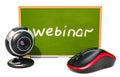 Webinar concept with blackboard, computer mouse and webcam. 3D r Royalty Free Stock Photo