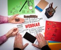 Webinar concept. The meeting at the white office table Royalty Free Stock Photo