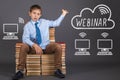 Webinar education concept. The young engineer demonstrates the p Royalty Free Stock Photo