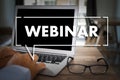 WEBINAR hand on table use E-business Browsing Connection in computer, coffee break in classroom to use cloud communication