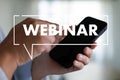 WEBINAR hand on table use E-business Browsing Connection in computer, coffee break in classroom to use cloud communication