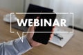 WEBINAR hand on table use E-business Browsing Connection in computer, coffee break in classroom to use cloud communication