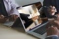 WEBINAR hand on table use E-business Browsing Connection in computer, coffee, Split tone