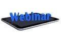 Webinar - lettering in blue shown over a tablet display - isolated on white background