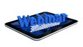 Webinar - lettering in blue shown over a tablet display - isolated on white background