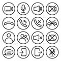 Webinar stream or video chat control icons. Speaker, microphone, video camera, phone, record and other related icons. Basic icons