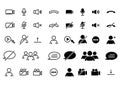 Webinar stream or video chat control icons. Speaker, microphone, video camera, phone, record and other related icons. Basic icons