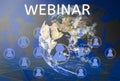 Webinars with Online Learners, abstract concept Conference icons group person and learning through E-learning technology, world as