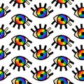 WebSeamless pattern with rainbow color eyes. Mystical print. Vector hand drawn repeat background design for fabric or wrap paper