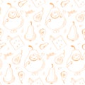 WebSeamless vector pattern with juicy pears in doodle style drawn by hand. Template for printing from paper and fabric.