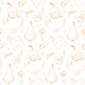 WebSeamless vector pattern with juicy pears in doodle style drawn by hand. Template for printing from paper and fabric.