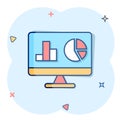 Website analytics icon in comic style. SEO data cartoon vector illustration on white isolated background. Computer diagram splash Royalty Free Stock Photo