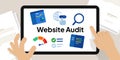 Website audit web page SEO auditing quality review for improvement hand on screen illustration