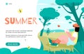 Website banner on summer recreation them with woman cartoon vector illustration. Royalty Free Stock Photo