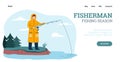 Website banner for fishing season advertisement, cartoon vector illustration.