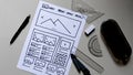 Website Design Wireframe Examples Of Web And Mobile Wireframe Sketches Printable. Royalty Free Stock Photo