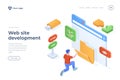 Website development isometric landing page template male programmer designing webpage interface cartoon character