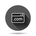 Website domain icon in flat style. Com internet address vector illustration on black round background with long shadow effect. Royalty Free Stock Photo