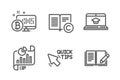 Website education, Bitcoin system and Quick tips icons set. Report document, Copyright and Feedback signs. Vector