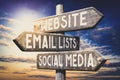 Website, email lists, social media - wooden signpost, roadsign with three arrows