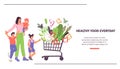 Website food delivery and sale with family buying vegetables, flat vector