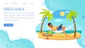 Man working remotely while lying on hammock at summer resort. Convenient schedule of work, freelance Royalty Free Stock Photo