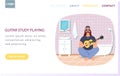 Website about guitar study playing. Male bard sits with ukulele. Person creates music in bathroom