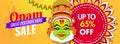 Website header or banner design with illustration of Kathakali dancer face and 65% discount offer. Royalty Free Stock Photo