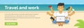 Website header flat illustration of meditating freelancer working on beach