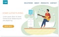 Website about home guitar playing. Guy sitting on bathtub in bathroom with guitar. Man sings song