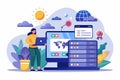 Website hosting concept featuring a woman working on a laptop next to a large computer screen displaying a world map with server Royalty Free Stock Photo