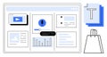 Website interface design with multimedia content icons including video, audio, text, and data analytics charts
