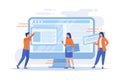 Website interface development planning. Devops team flat characters working. UI, UX, content design. Computer software creation