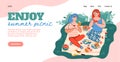 Website interface with header calling to enjoy summer picnic and couple eating outdoors, flat vector illustration. Royalty Free Stock Photo