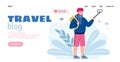 Website interface for travel blog with blogger flat cartoon vector illustration.