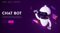Website landing home page with robot. Chatbot or AI concept. Modern android. Chat bot banner template. Web banner design