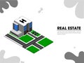 Website landing page design with isometric view of hospital building with ambulance parking space.