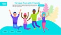 Website or landing page of friends in the jump. Multicultural friendship concept illustration. Vector illustration in a