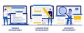 Website, landing page and microsite development concept with tiny people. Webpage programming abstract vector illustration set.
