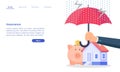 Website landing page template cartoon insurance for property wealth concept umbrella house money pig bad weather