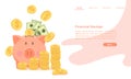 Website landing page template cartoon money pig and piles of coin and bill