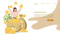 Website landing page template cartoon piles of coin bill and people cheering with coutless passive income