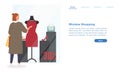 Website landing page template cartoon woman window shopping looking at beautiful dress gown clothing high heel bag
