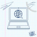 Website on laptop screen line sketch icon isolated on white background. Laptop with globe and cursor. World wide web Royalty Free Stock Photo