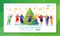 Website layout with flat people characters celebrating New Year against background of a large beautiful decorated Christmas tree.