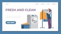 Website layout with laundry staff washing clothes, flat vector illustration.