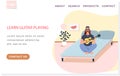 Website with learn guitar playing. Male bard with ukulele in hand. Musician uses stringed instrument