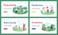 Website mockups set with active sports families, flat vector illustration.