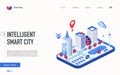 Isometric intelligent smart city landing page, futuristic cityscape infrastructure