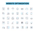 Website optimization linear icons set. Analytics, Conversion, Keywords, Content, Rankings, Meta, Caching line vector and